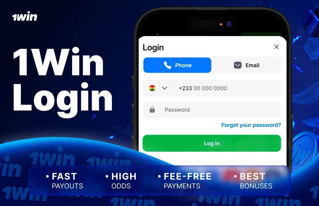 1Win Ghana login page on smartphone screen for account access