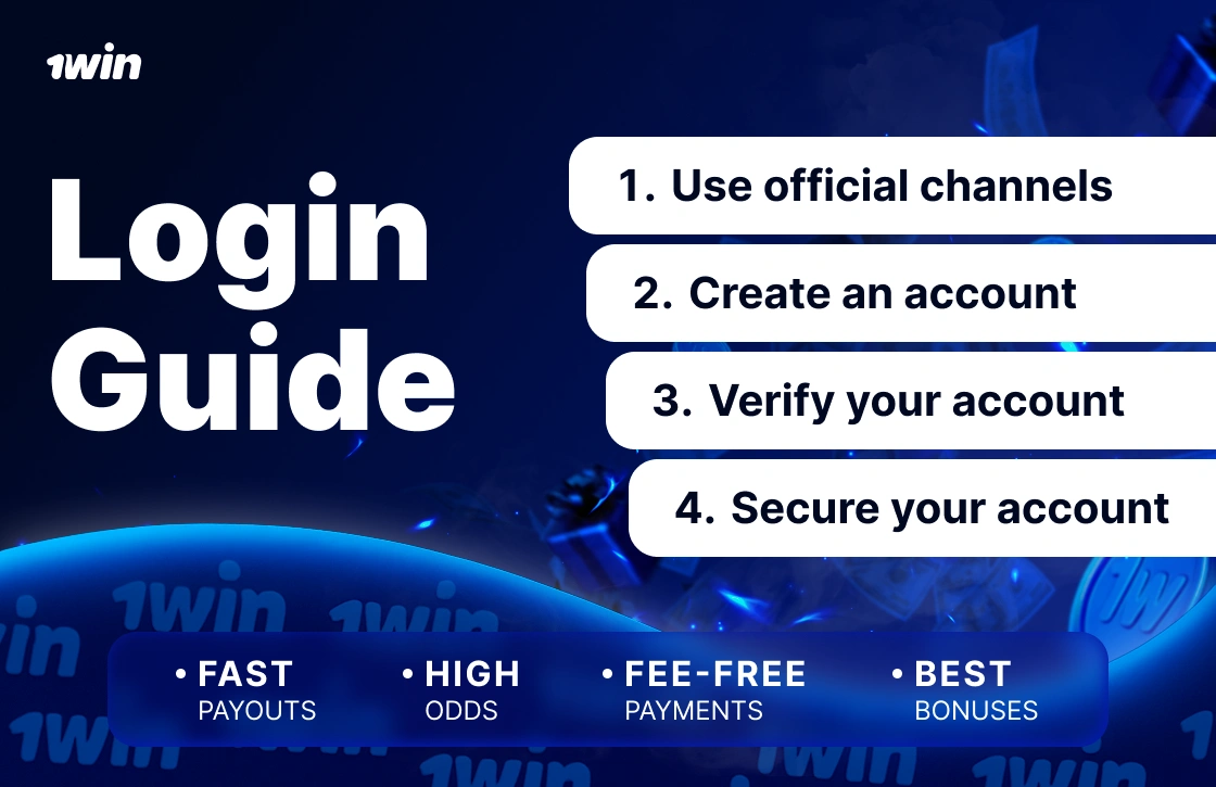 1Win Ghana login guide with four white tabs showing steps Use official channels, Create account, Verify account, Secure account