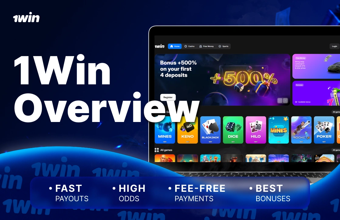 1Win Ghana website overview on laptop screen with casino homepage in blue tones