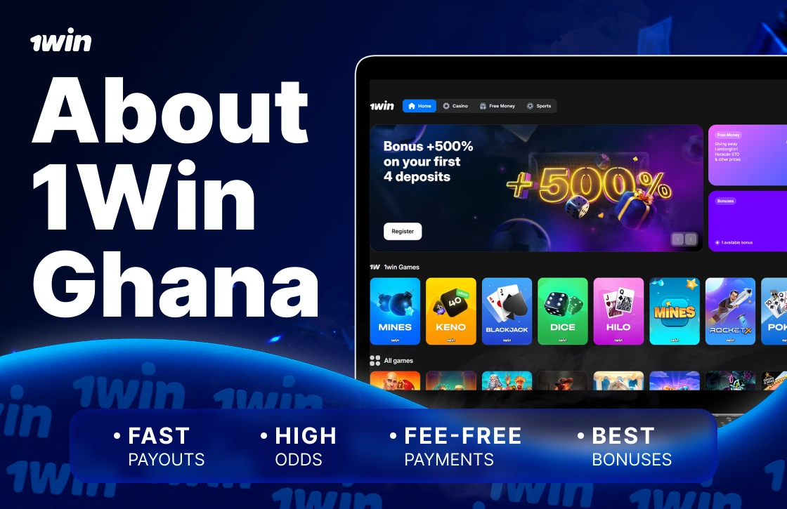 About 1Win Ghana website homepage on laptop screen with blue casino design