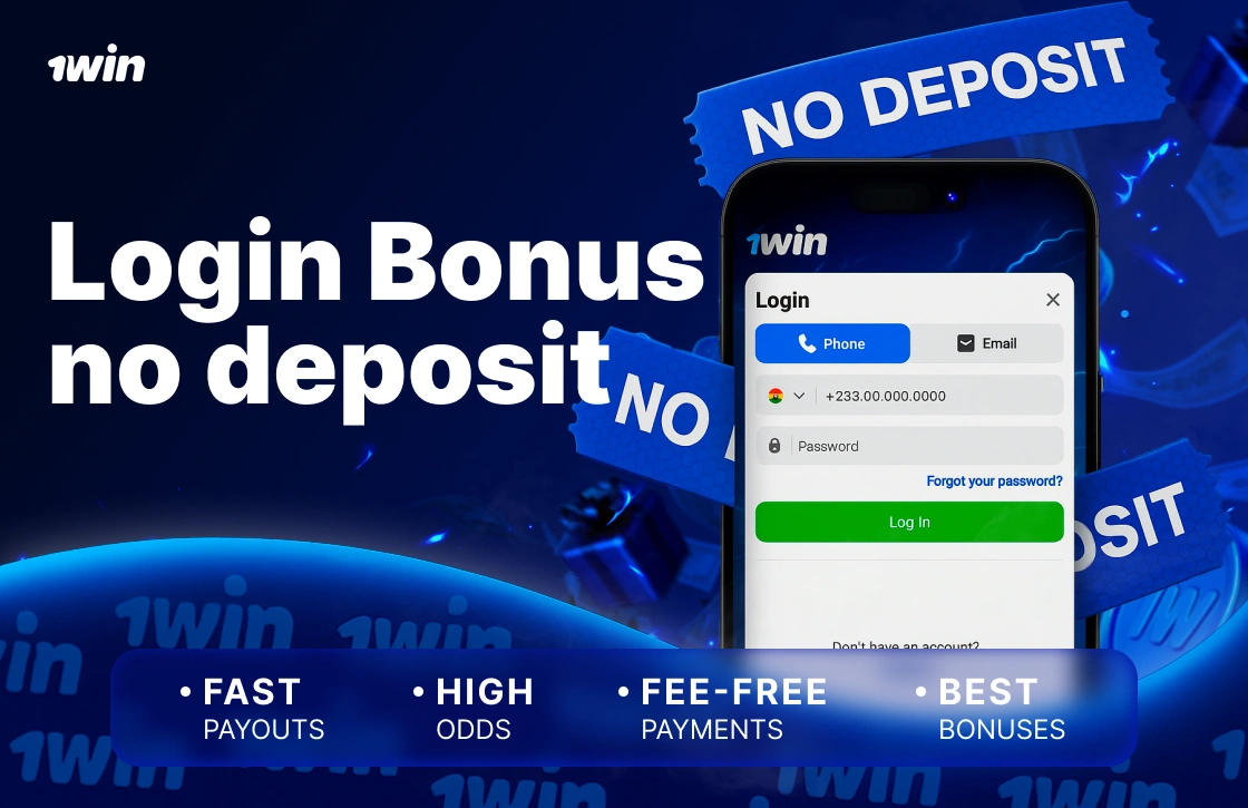 1Win Ghana no deposit login bonus with smartphone login page wrapped in promo ribbon
