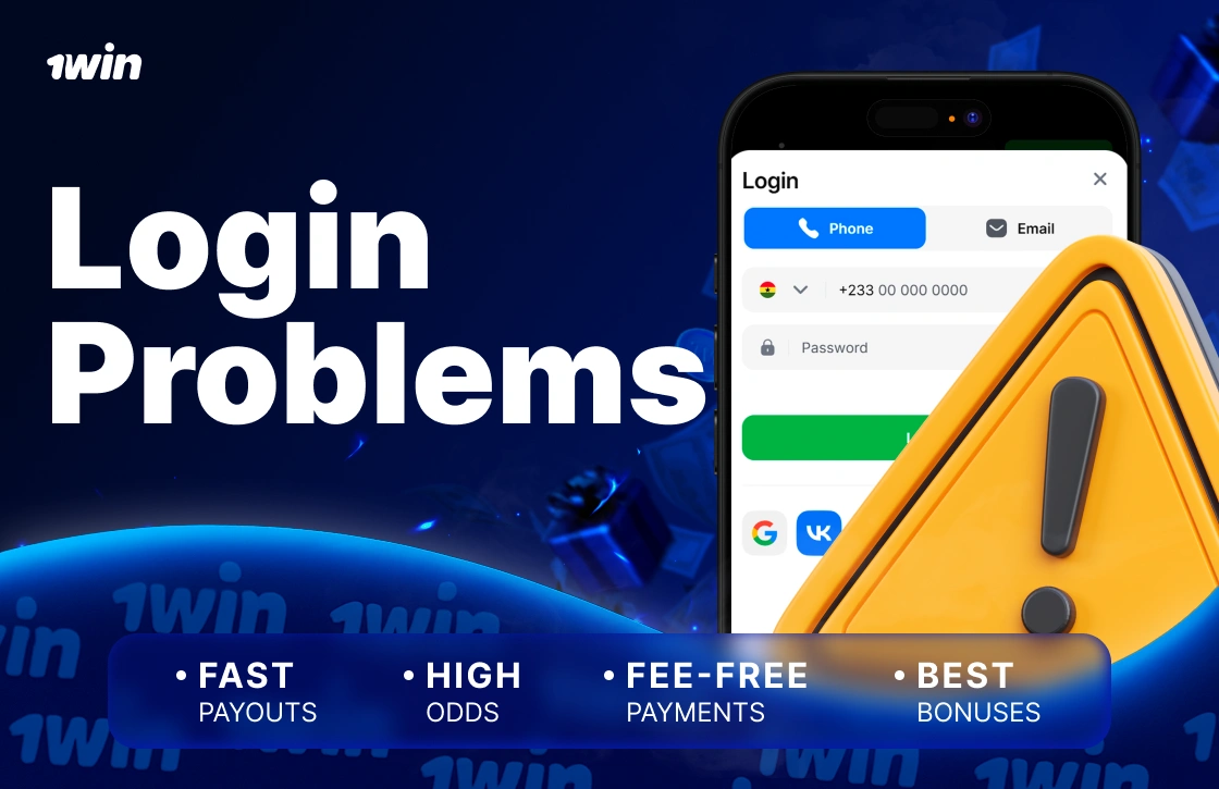 1Win Ghana login problems with smartphone login page and 3D yellow warning triangle