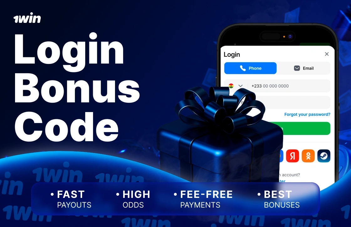 1Win Ghana login bonus code with smartphone login page and blue gift box