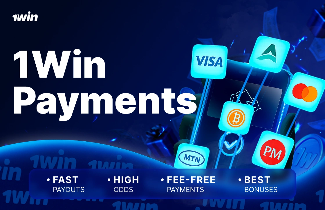 1Win Ghana payments methods on smartphone screen including MTN, Visa, Astropay, Mastercard, Perfect Money and Bitcoin