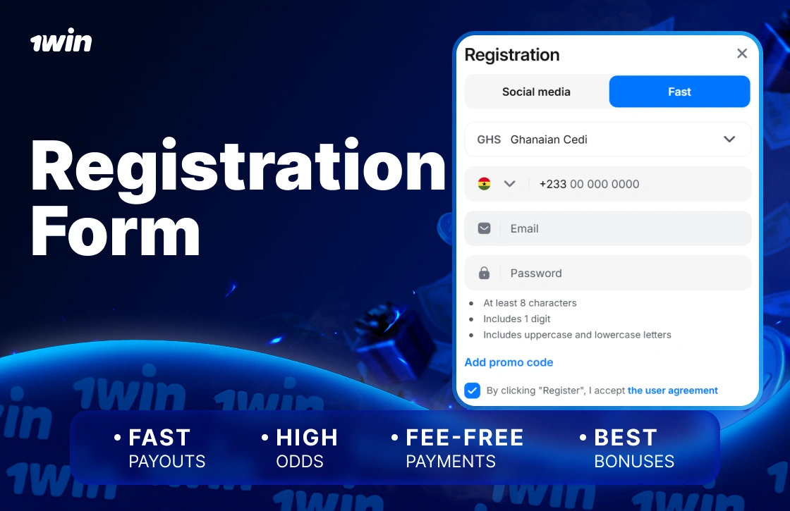 1Win Ghana registration form for creating new account in blue design
