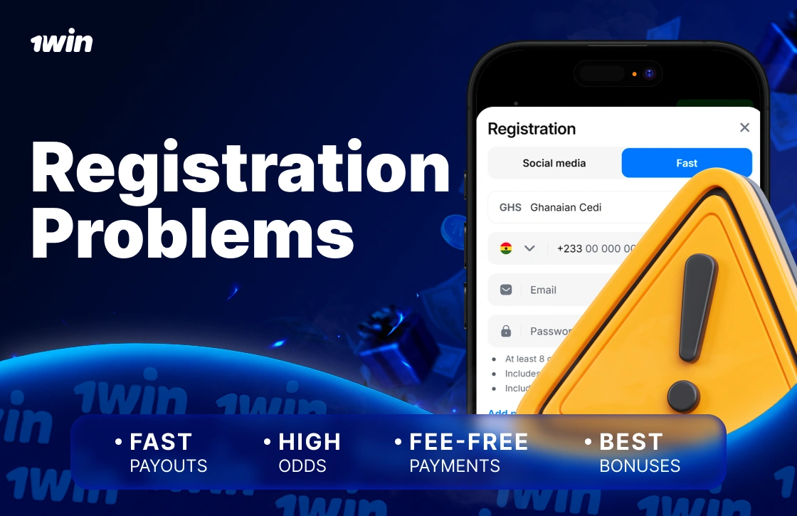 1Win Ghana registration problems with smartphone registration page and 3D yellow warning triangle