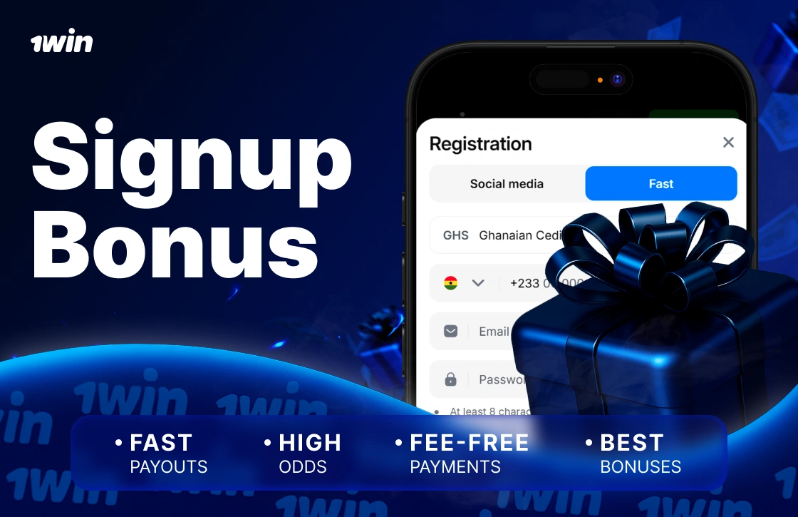 1Win Ghana signup bonus with smartphone registration page and blue gift box
