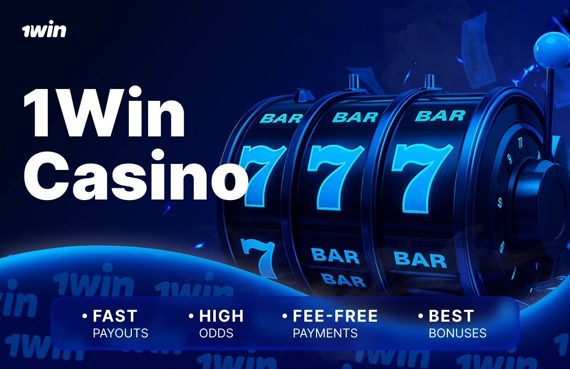 1Win Ghana online casino slot machine in blue color with big 777 combination and promotional banner