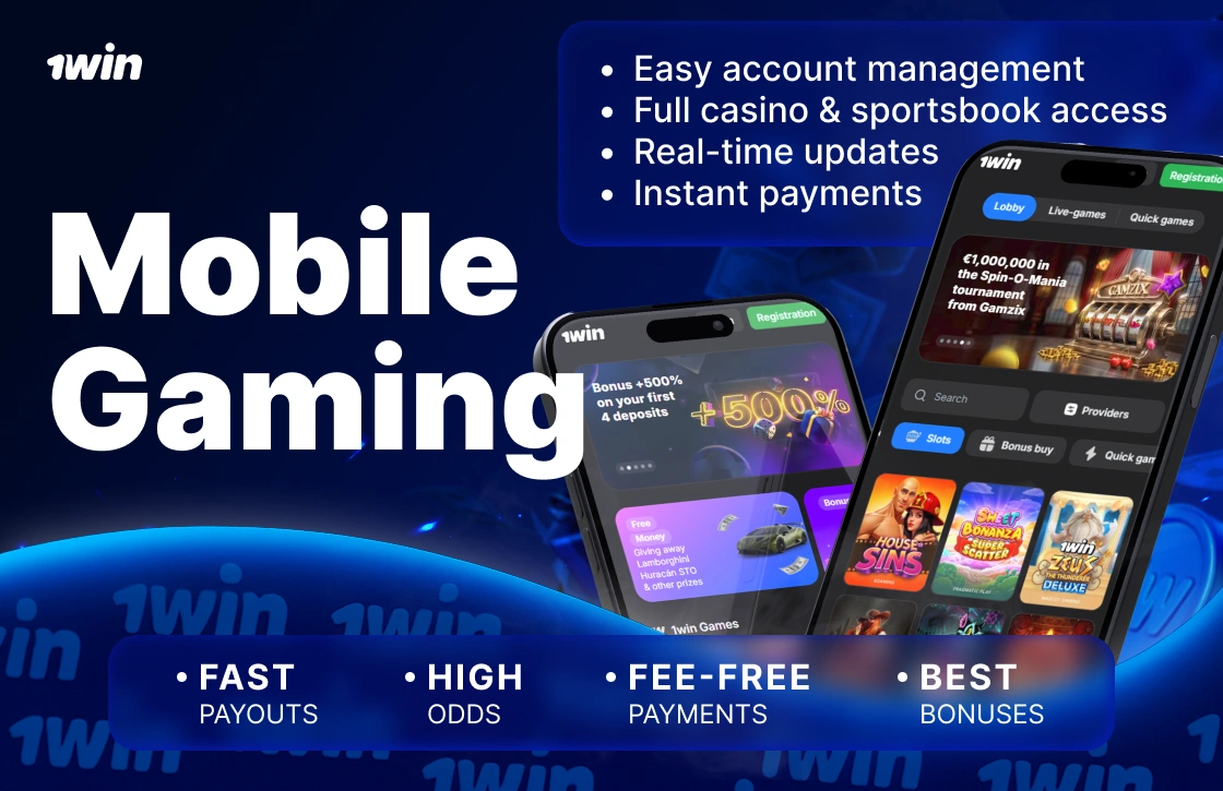 1Win Ghana mobile gaming with two smartphones showing homepage and casino page