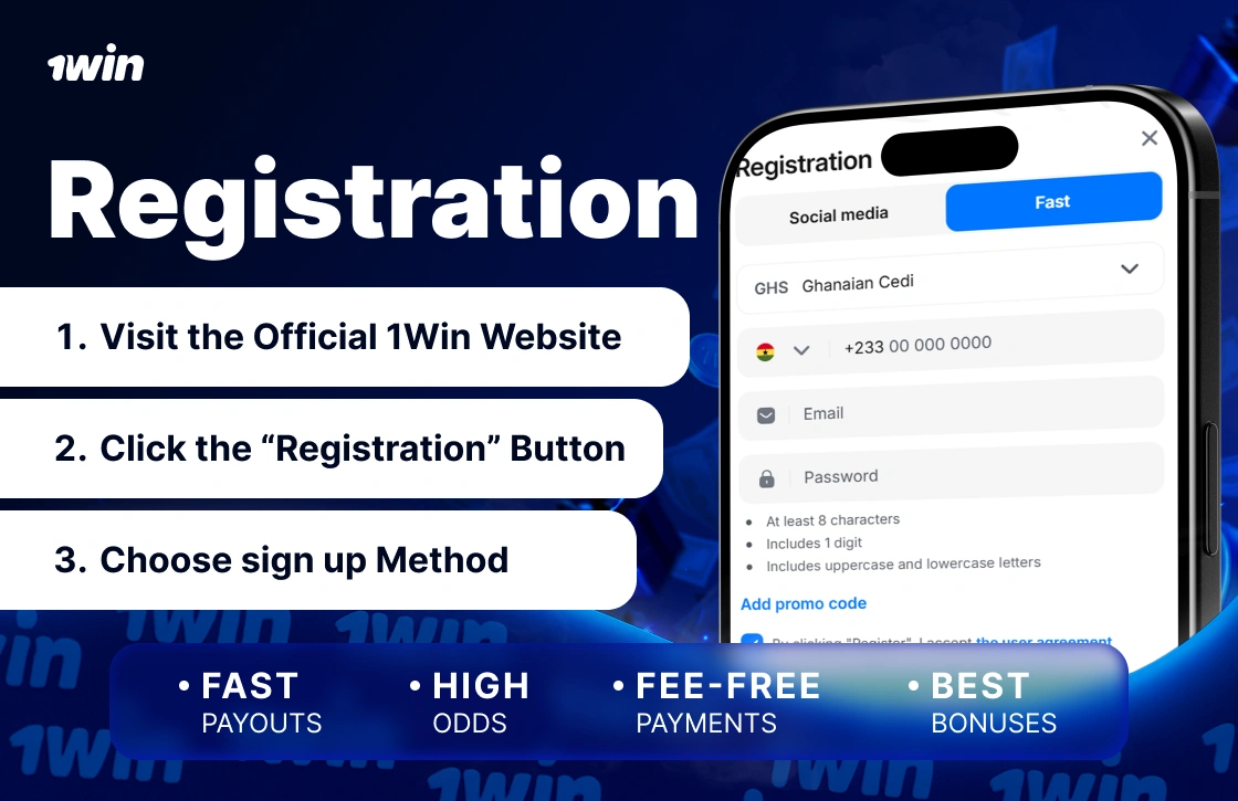 1Win Ghana registration steps with three tabs and smartphone showing sign up form
