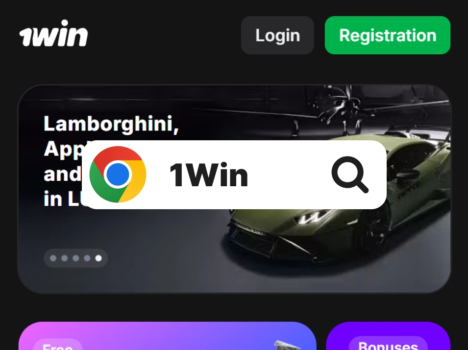 Step 1 Android 1Win app download — screenshot of Chrome browser on Android with official 1Win Ghana homepage opened
