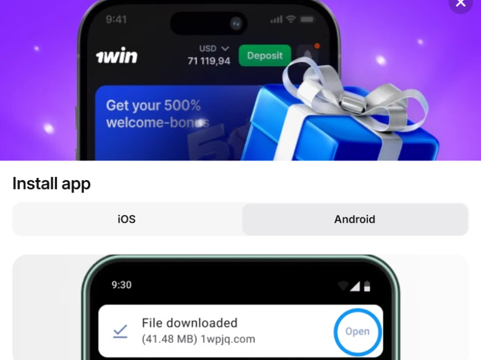Step 3 Android 1Win app download — screenshot of Mobile Apps page with highlighted Android button
