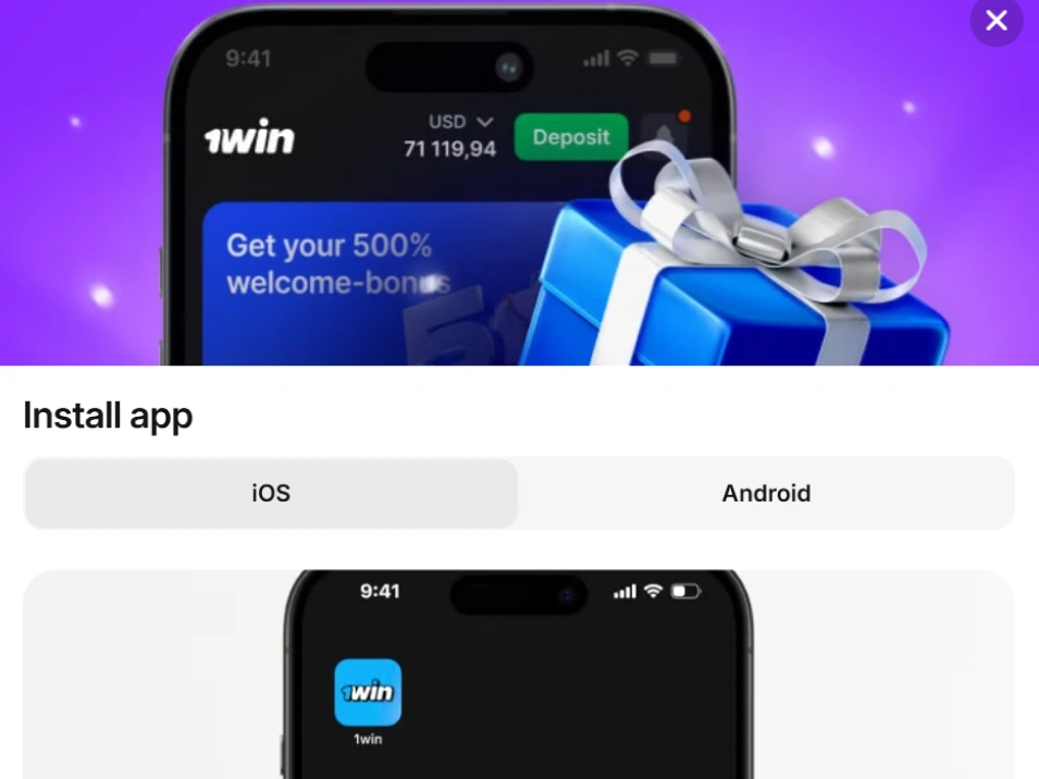 Step 4 iOS 1Win app download — screenshot of Mobile App page with highlighted iOS option