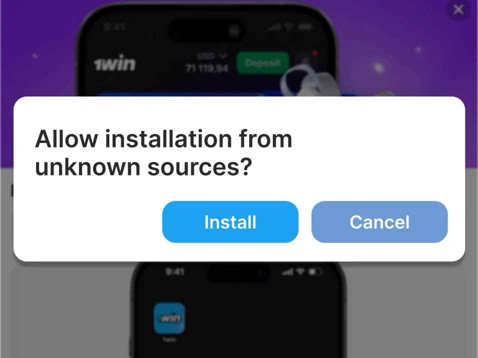 Step 5 iOS 1Win app download — screenshot of iPhone screen with installation prompt