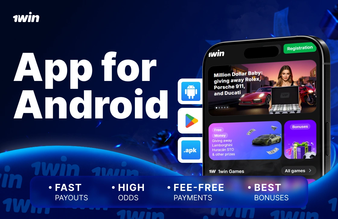 1Win Ghana Android app with smartphone, Android icons, Google Play Market and APK options