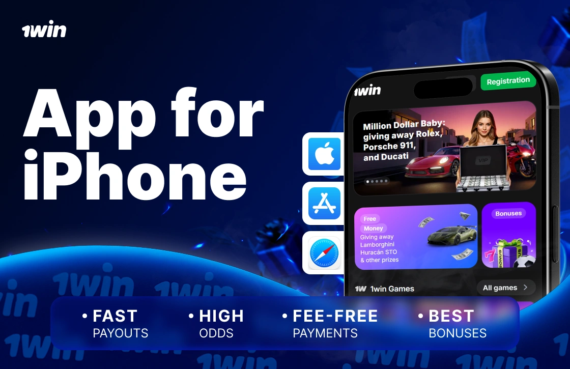 1Win Ghana iPhone app with smartphone, iOS icons, Apple Store and Safari tabs