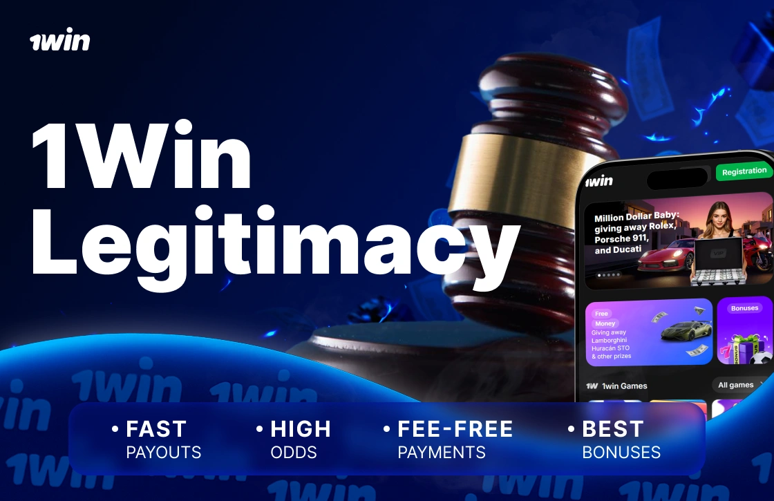 1Win Ghana legitimacy with smartphone showing homepage and judge’s gavel in background