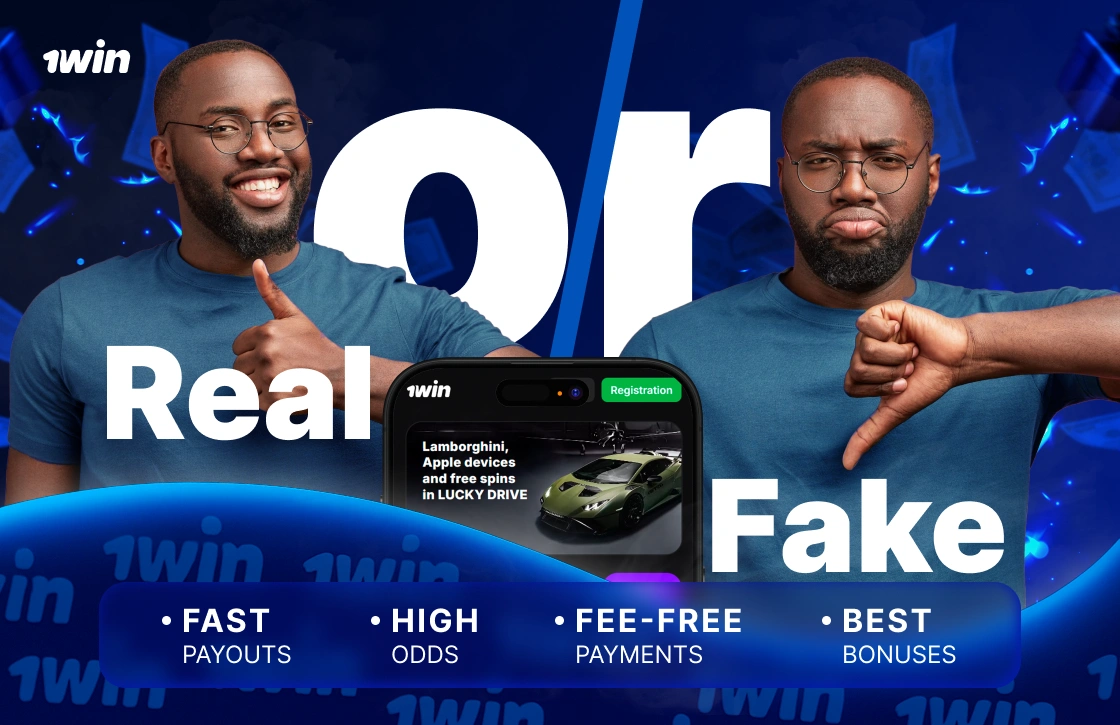 1Win Ghana real or fake comparison with two men in blue shirts showing thumbs up and thumbs down, divided by smartphone