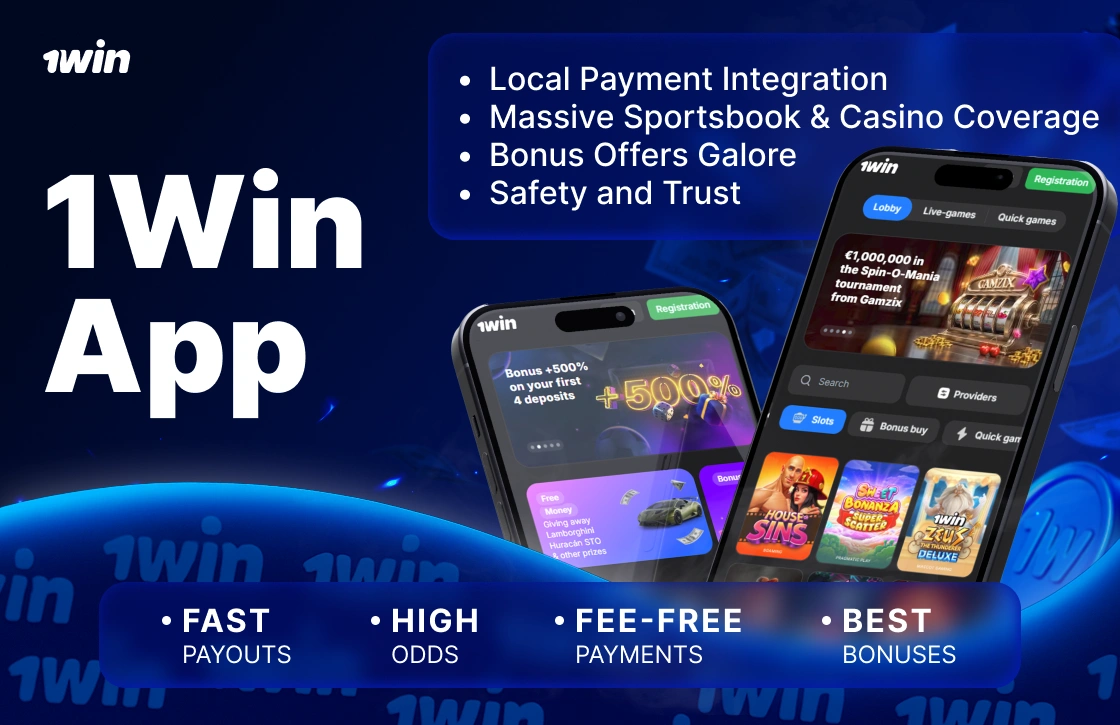 1Win Ghana mobile app with two smartphones showing homepage and casino section in blue design