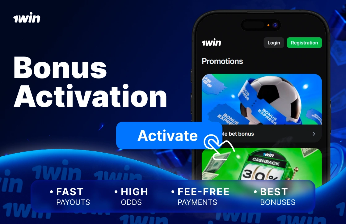 1Win Ghana bonus activation on promotions page with smartphone and blue Activate button