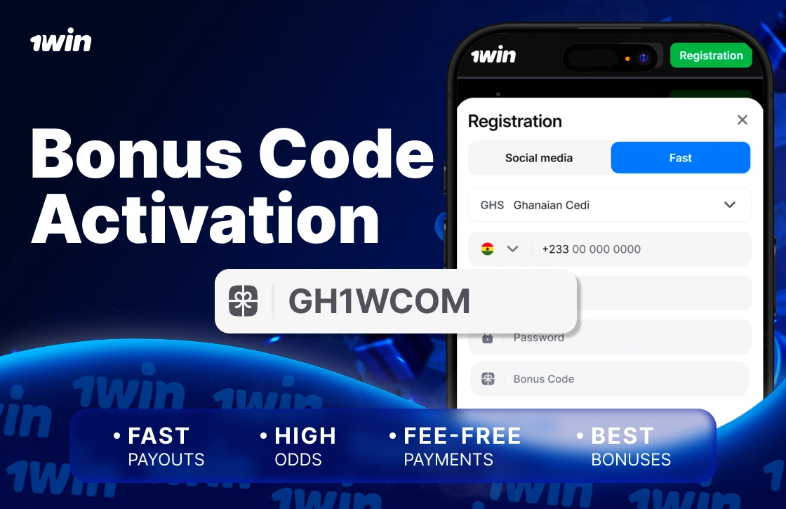 1Win Ghana bonus code activation on registration page with GH1WCOM promo tab on smartphone