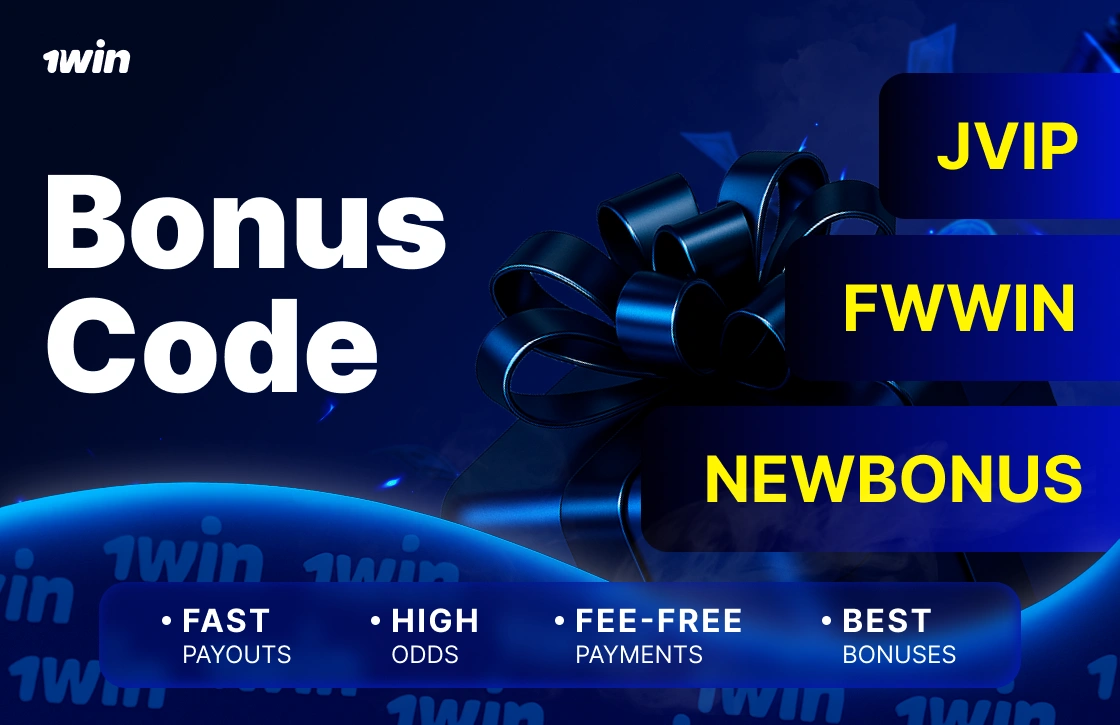 1Win Ghana bonus codes JVIP, NEWBONUS and FWWIN on blue gift box with yellow list