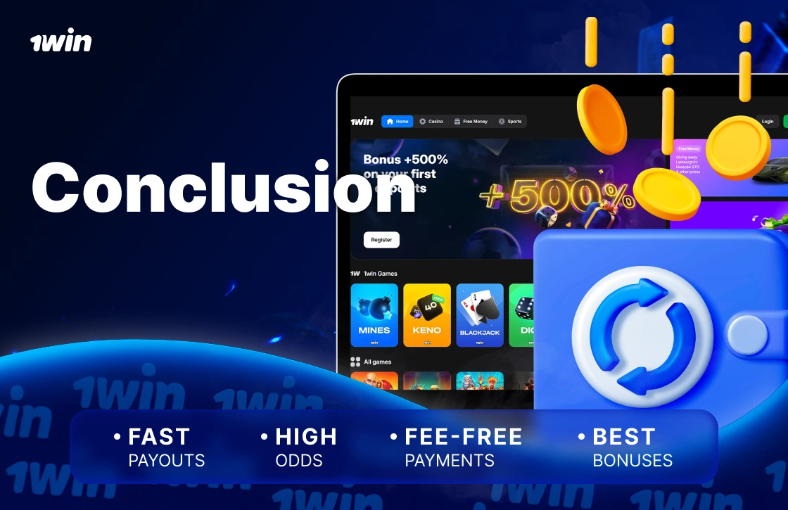 1Win Ghana payments conclusion with laptop homepage, wallet exchange icon and golden coins