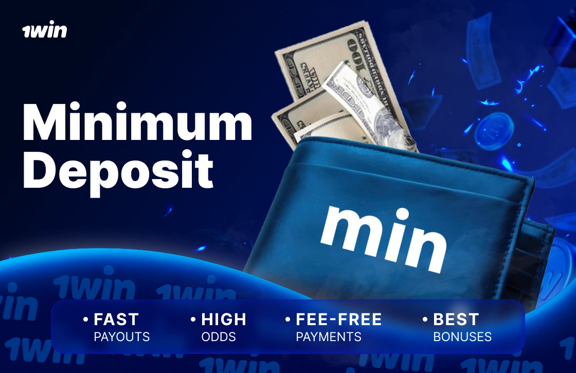 1Win Ghana minimum deposit blue wallet with money and MIN sign