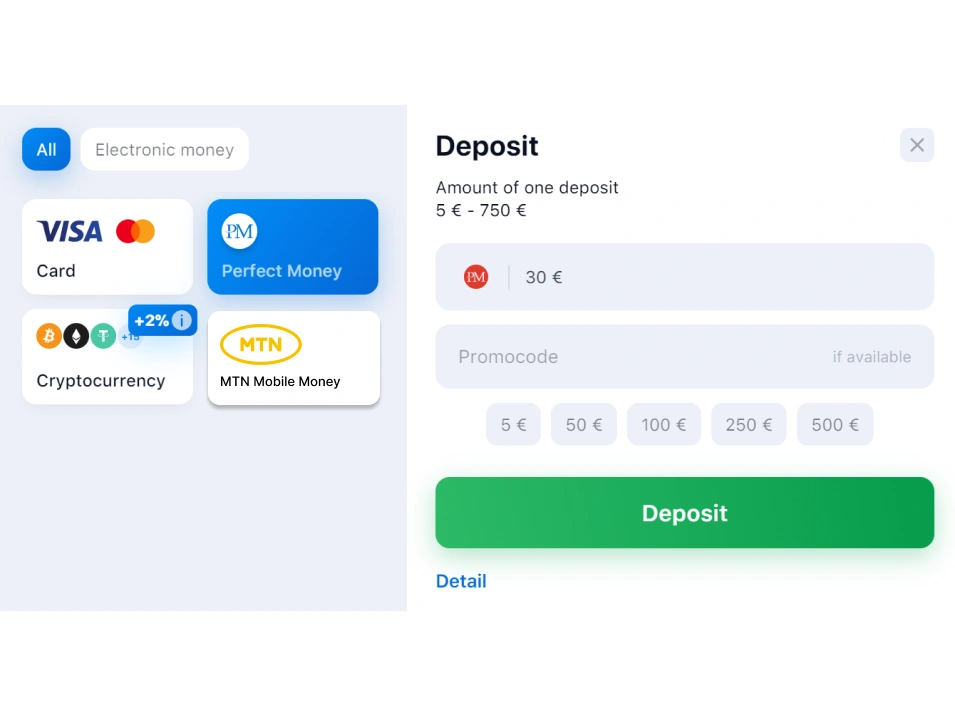 Step 3 deposit on 1Win Ghana — screenshot of payment methods page with MTN Mobile Money