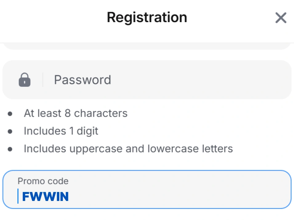 Step 1 free spin bonus on 1Win Ghana — screenshot of registration page with highlighted promo code field and FWWIN code entered