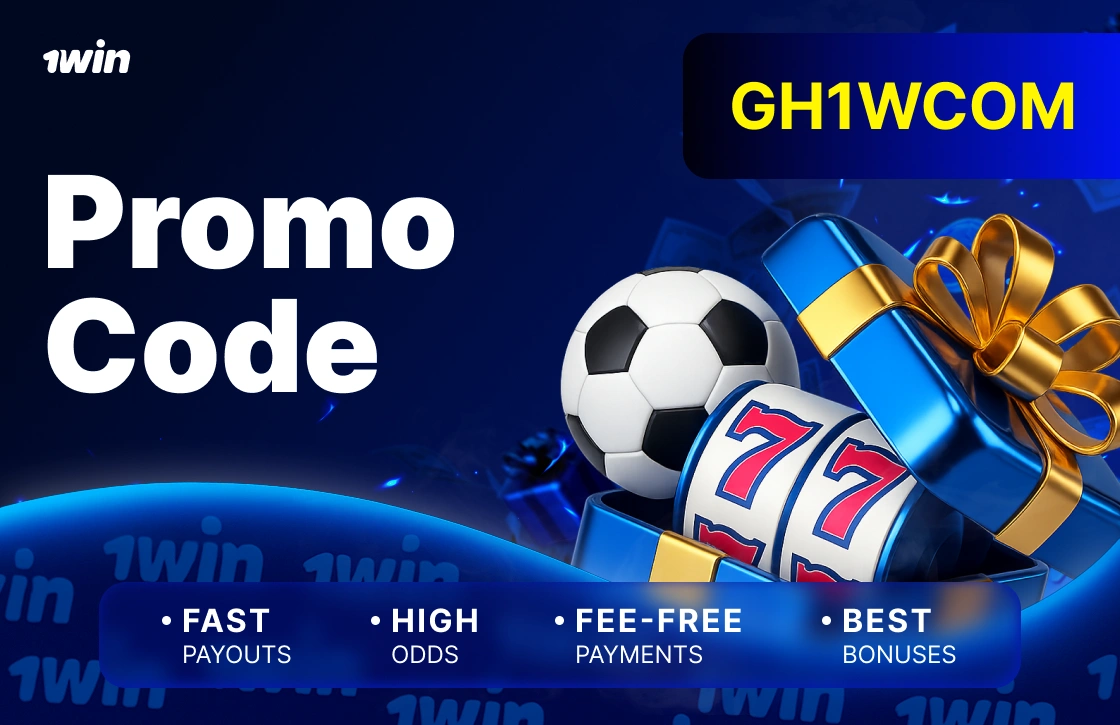 1Win Ghana promo code GH1WCOM with blue gift box, golden ribbon, casino slots and football
