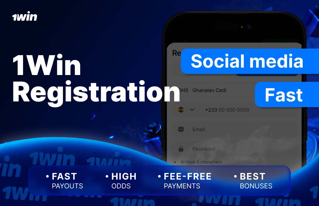 1Win Ghana registration options on smartphone with tabs for fast and social media sign up