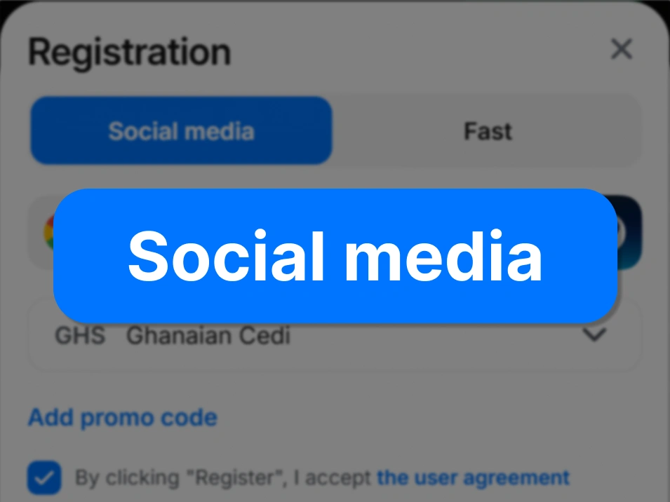 Step 3 social media registration on 1Win Ghana — registration popup screenshot with Social Networks tab highlighted