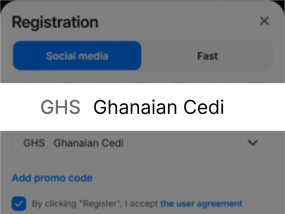 Step 4 social media registration on 1Win Ghana — registration form screenshot with highlighted currency dropdown (GHS)