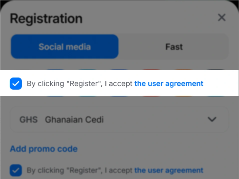 Step 5 social media registration on 1Win Ghana — registration form screenshot with highlighted checkbox for agreeing to Terms and Conditions