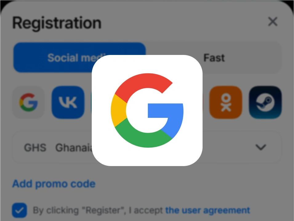Step 6 social media registration on 1Win Ghana — registration form screenshot with Google icon highlighted