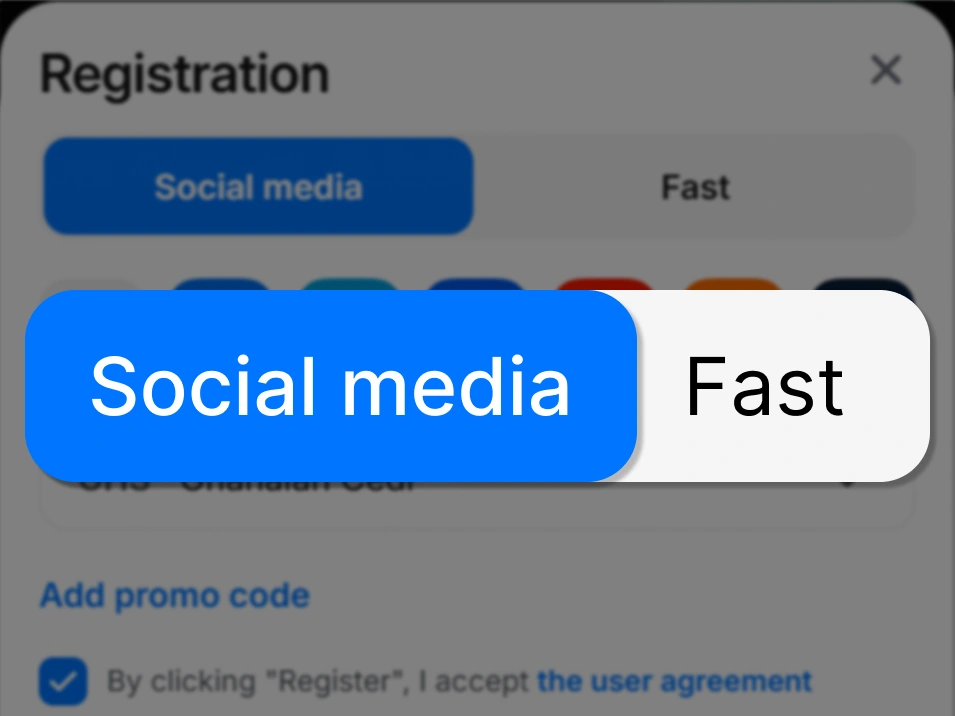 Step 3 registration on 1Win Ghana — screenshot of signup window with highlighted options Social media and Fast registration