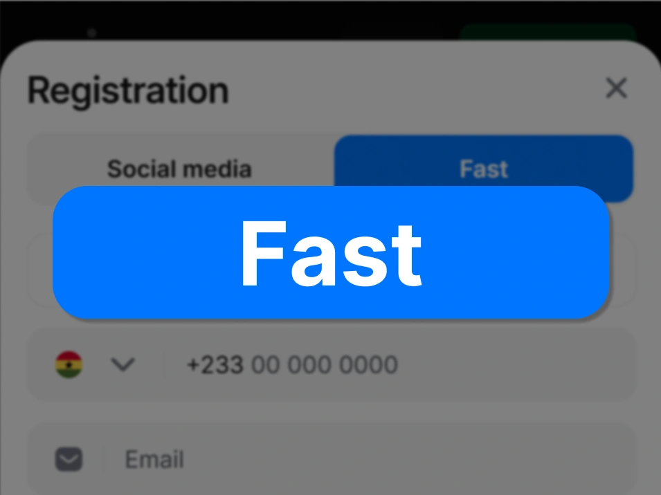 Step 2 fast registration on 1Win Ghana — screenshot showing options for Fast registration and Social Media registration with Fast method highlighted