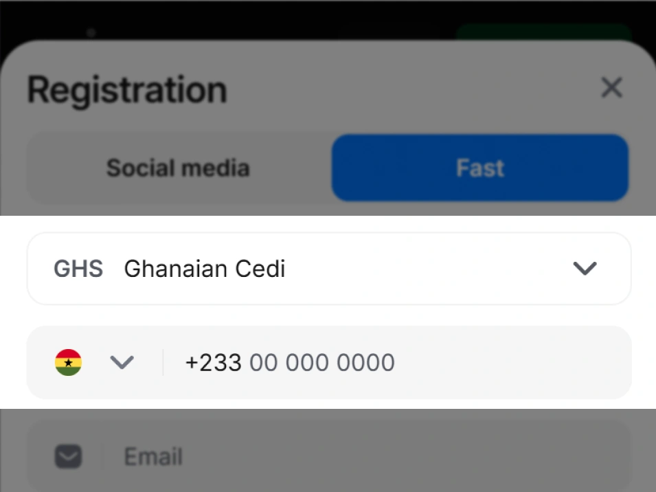 Step 3 fast registration on 1Win Ghana — registration form screenshot with highlighted currency dropdown (GHS) and phone number field