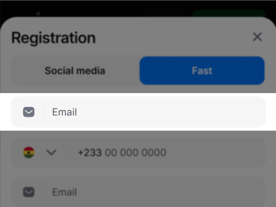 Step 4 fast registration on 1Win Ghana — registration form screenshot with highlighted email input field