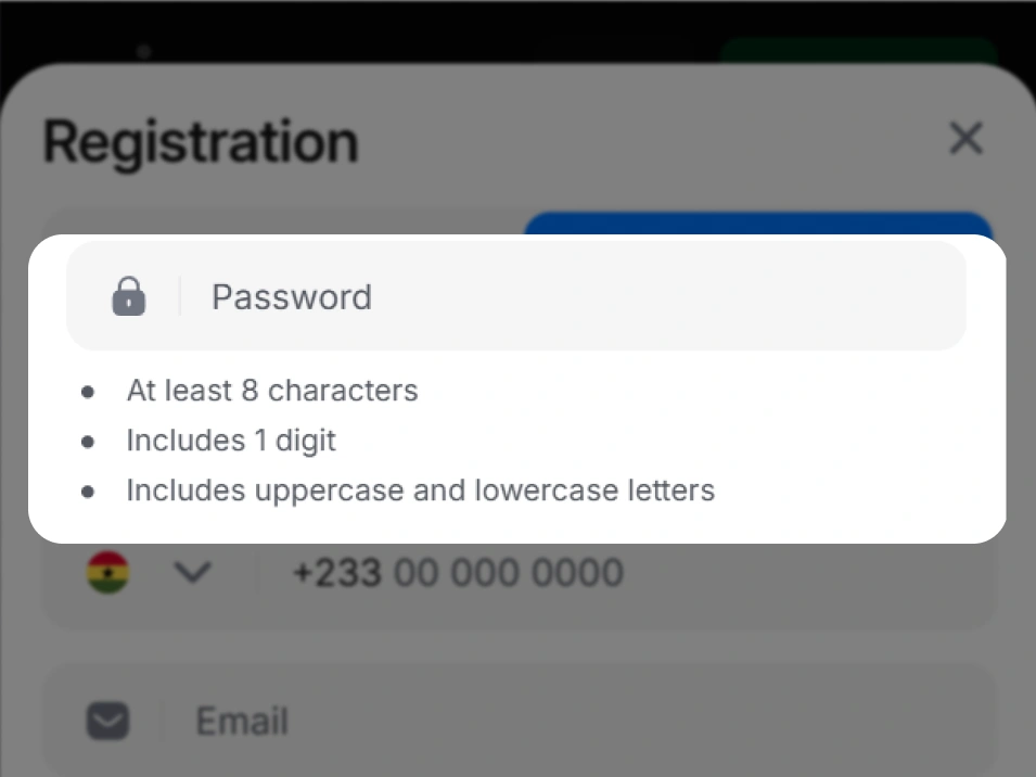 Step 5 fast registration on 1Win Ghana — registration form screenshot with highlighted password input field