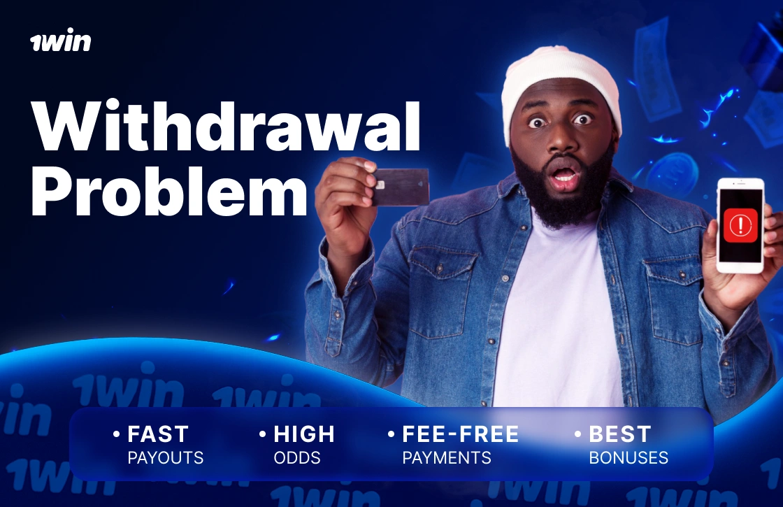 1Win Ghana withdrawal problem with surprised man holding credit card and smartphone showing warning