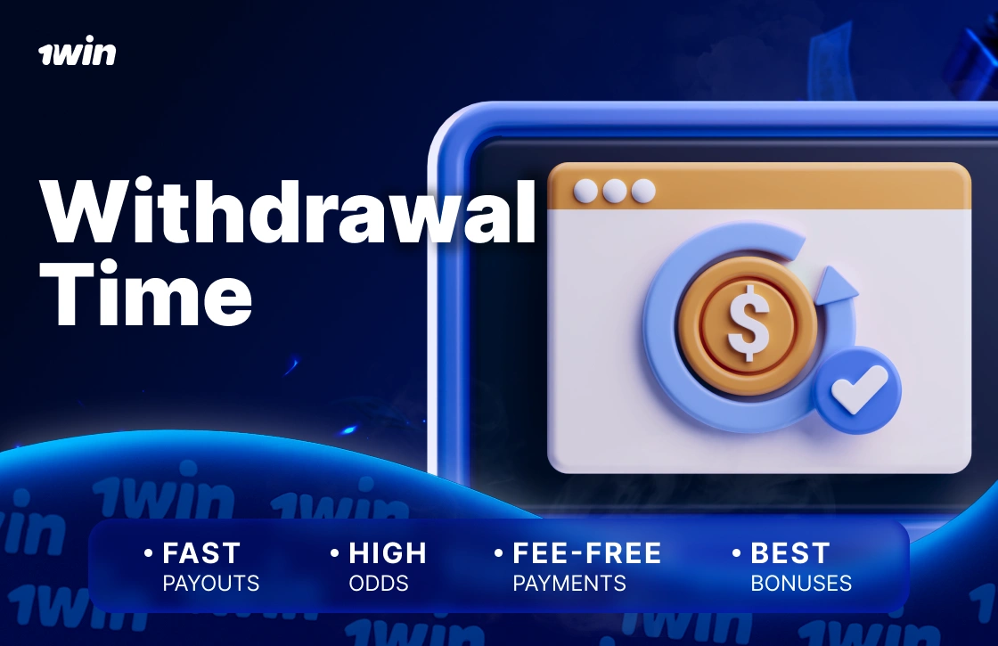 1Win Ghana withdrawal time with 3D computer icon showing coin in blue circle