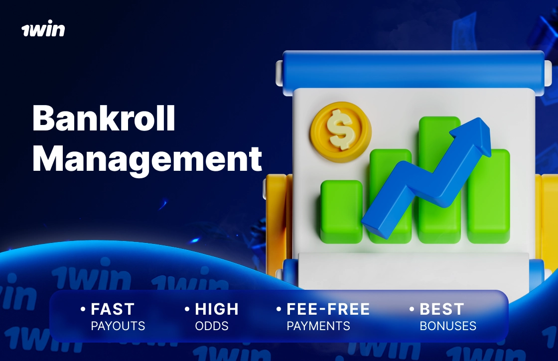 1win image showing coins and upward graph icon representing bankroll management tips, high odds and reliable payouts on dark blue background.