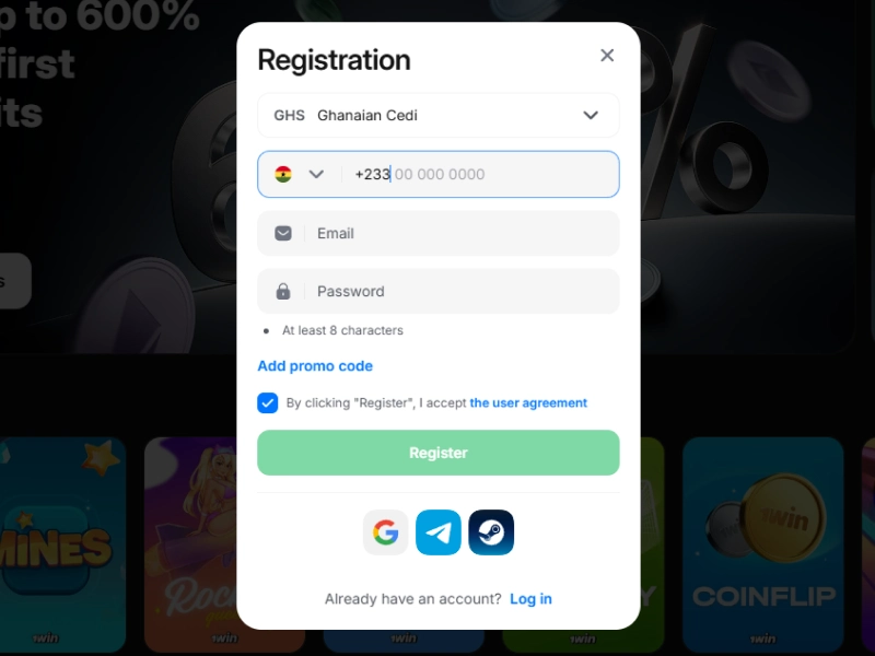 Registration form on the 1Win platform showing fields for creating a new account