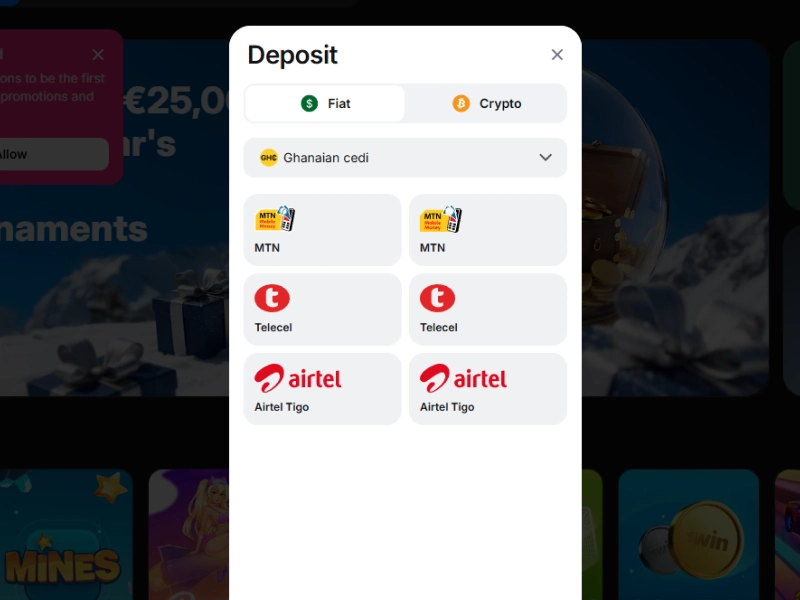 Deposit screen on the 1Win platform displaying available payment method