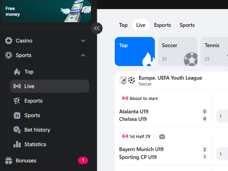 1Win dashboard with navigation menu highlighting the Live Streaming section.