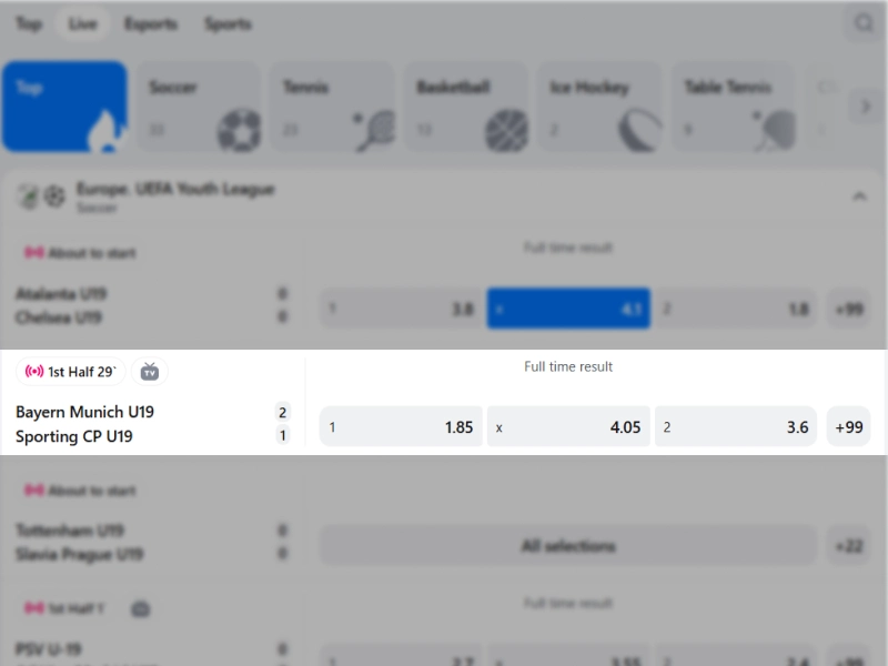 Event selection interface on 1Win showing match details and live options.