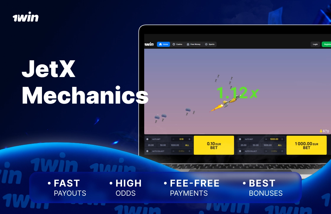 1win JetX game screenshot showing rocket flight mechanics with fast interface, high odds and smooth gameplay on blue gaming background.
