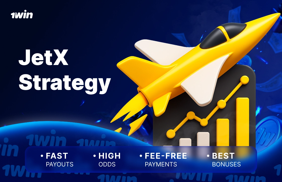 1win image featuring JetX rocket with upward profit chart illustrating winning strategies, high odds and fast payouts on blue tech background.